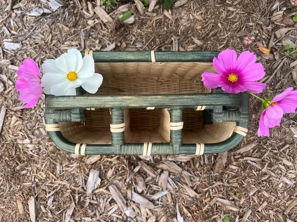 Vintage Divided Wicker and Bamboo Basket Caddy with Adjustable Handle